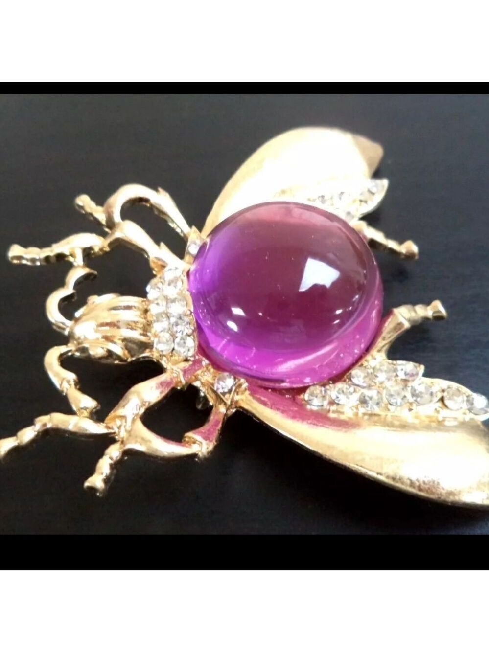 VINTAGE RHINESTONE JELLY BELLY WINGED INSECT 3 3/8" BROOCH - Picture 2 of 3
